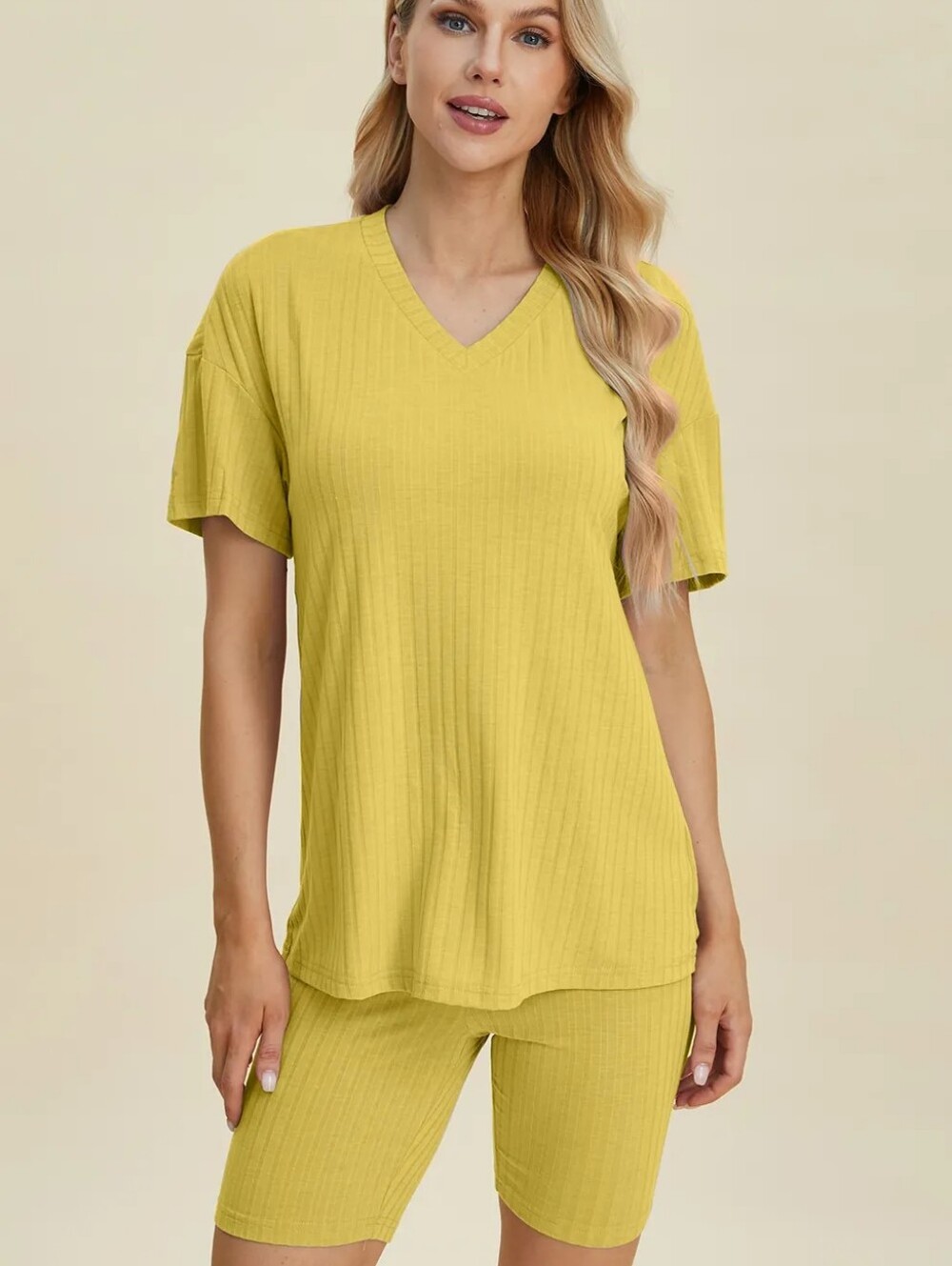 🌸Basic Bae Yellow Ribbed V Neck Short Sleeve Top and Shorts Set